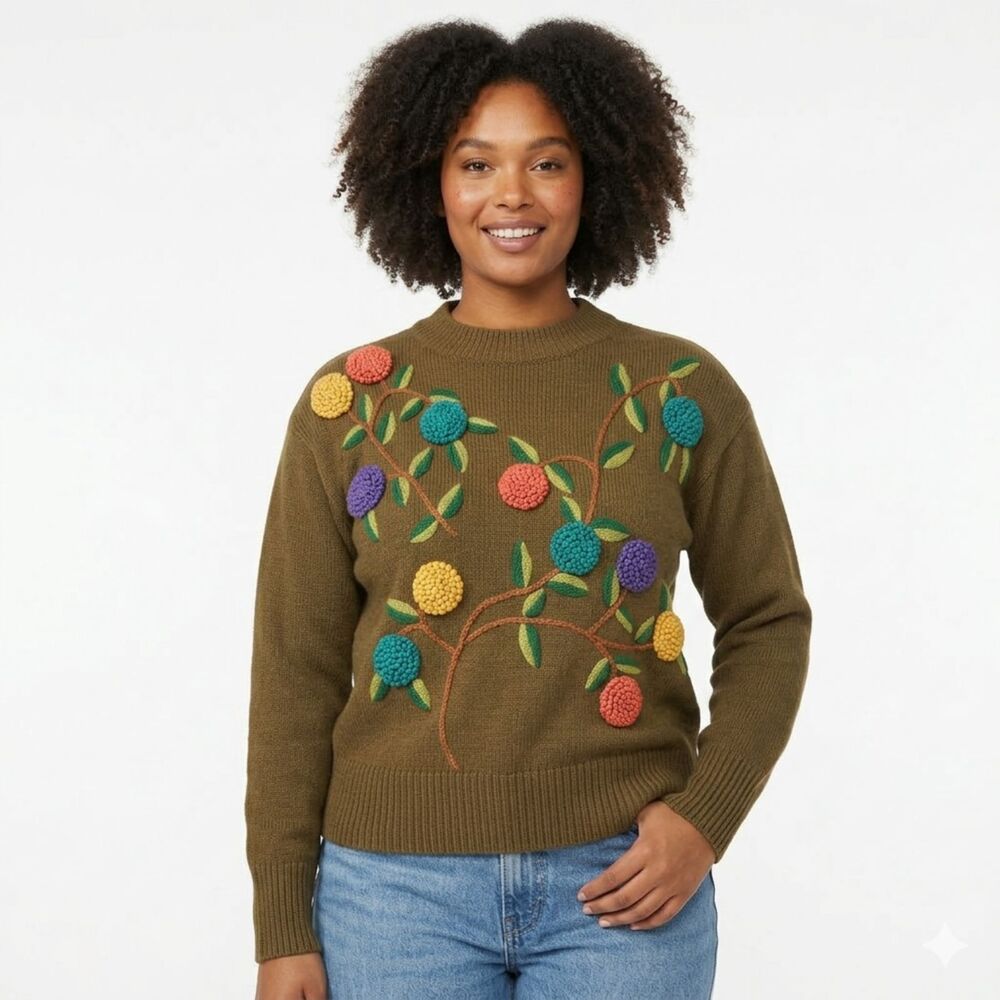 Vintage Margules 3D Fruit‎ Sweater | Olive Green Bobble Knit Grannycore XL